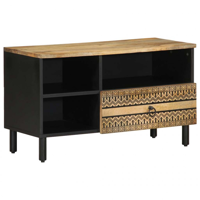 Szafka pod TV, czarne, 80x33,5x46 cm, surowe lite drewno mango