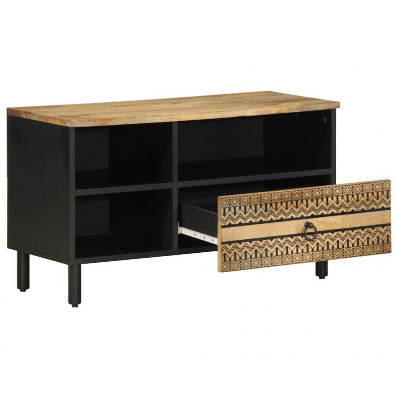 Szafka pod TV, czarne, 80x33,5x46 cm, surowe lite drewno mango