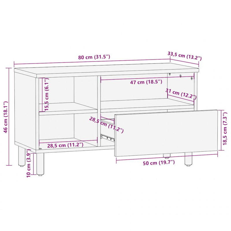 Szafka pod TV, czarne, 80x33,5x46 cm, surowe lite drewno mango