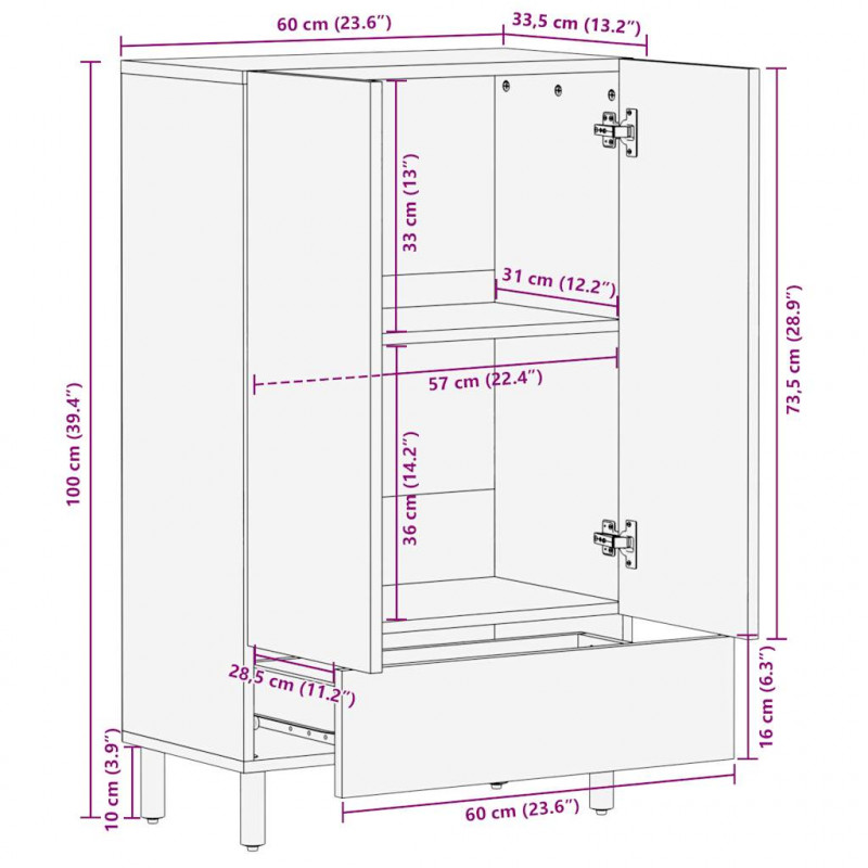 Szafka, 60x33,5x100 cm, surowe lite drewno mango