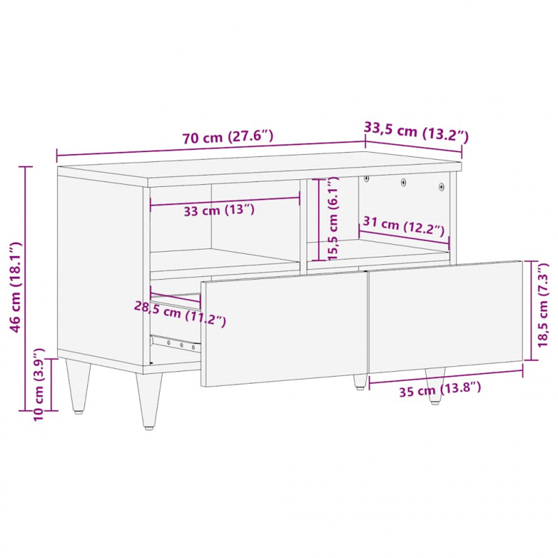 Szafka pod telewizor, 70x33,5x46 cm, lite drewno mango