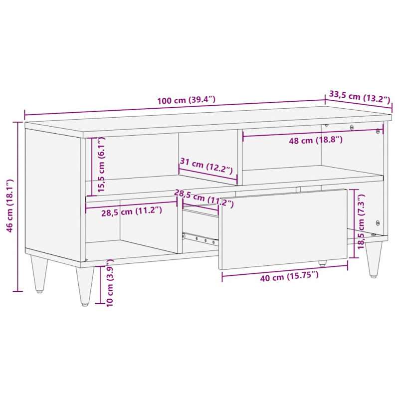 Szafka pod telewizor, 100x33,5x46 cm, lite drewno mango