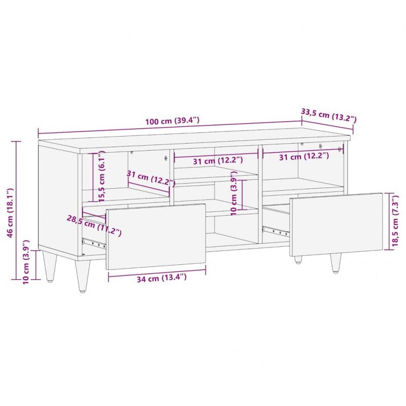 Szafka pod telewizor, 100x33,5x46 cm, lite drewno mango