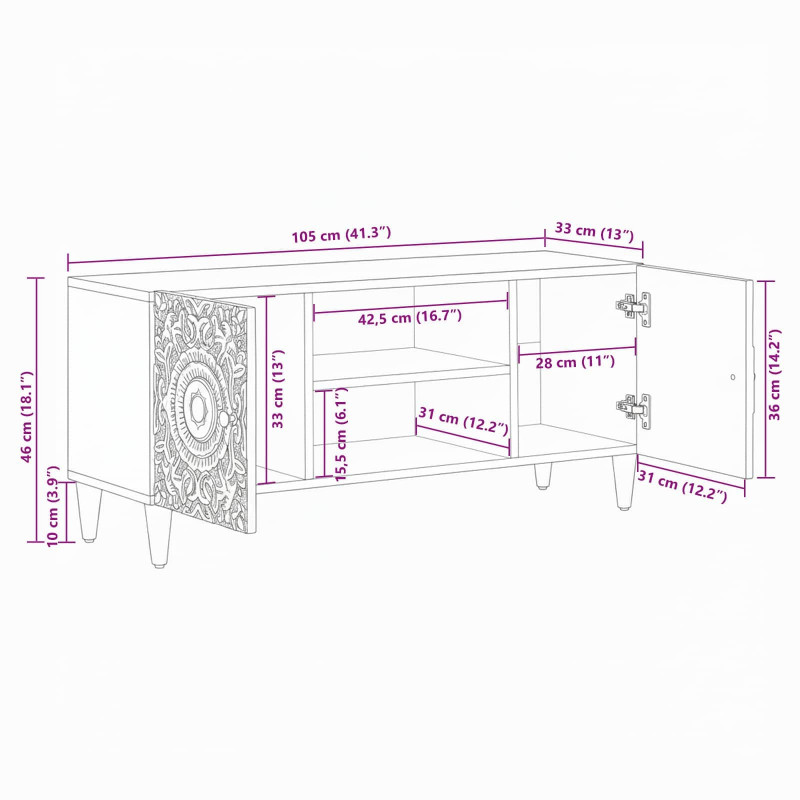 Szafka pod telewizor Biały 105 x 33,5 x 46 cm Drewno z mango