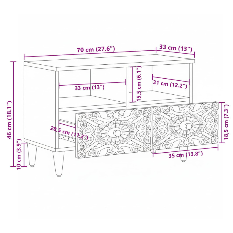 Szafka pod telewizor Biały 70 x 33,5 x 46 cm Drewno z mango