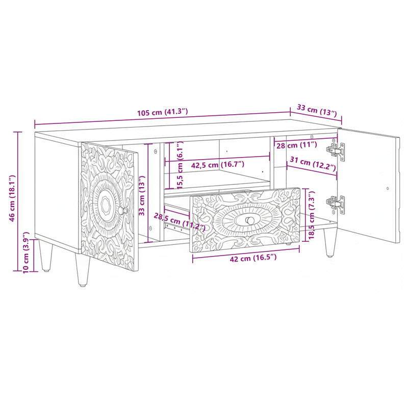 Szafka pod telewizor Biały 105 x 33,5 x 46 cm Drewno z mango