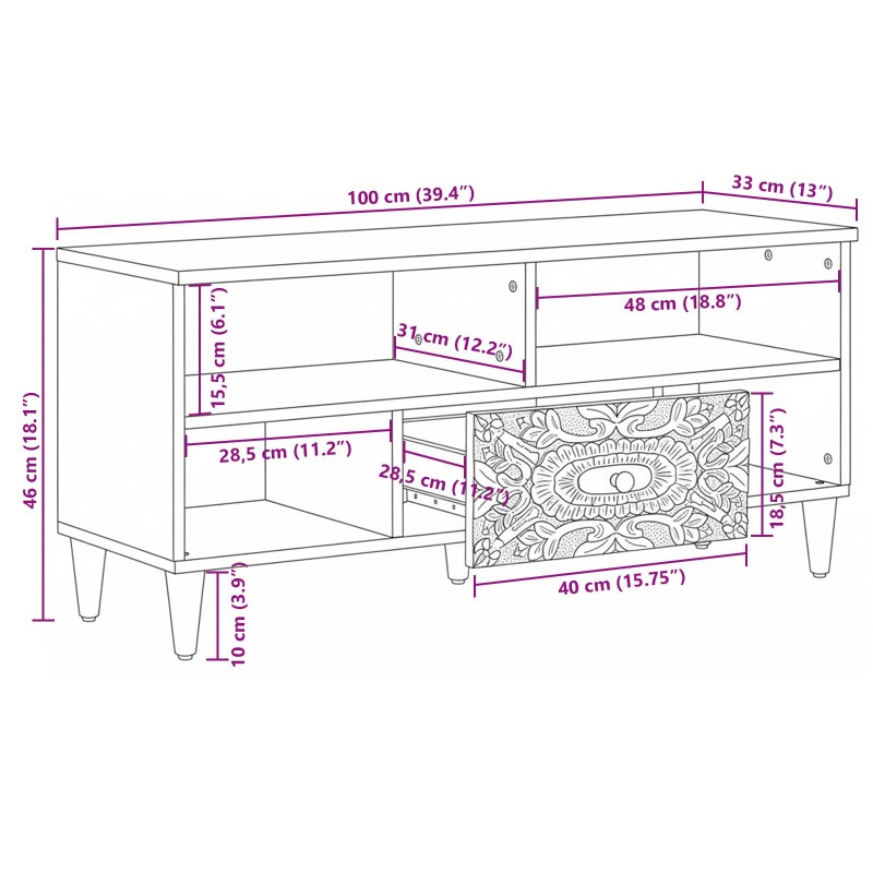 Szafka pod telewizor Biały 100 x 33,5 x 46 cm Drewno z mango