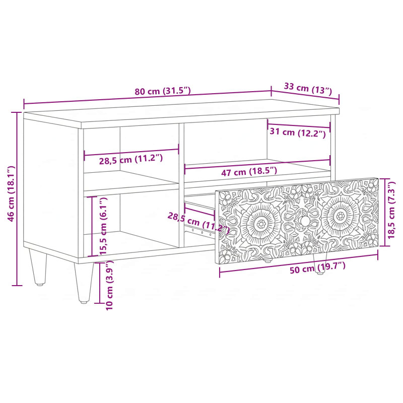 Szafka pod telewizor Biały 80 x 33,5 x 46 cm Drewno z mango