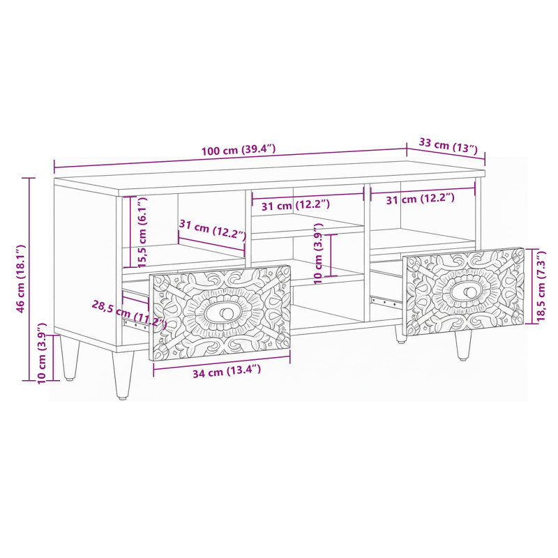Szafka pod telewizor Biały 100 x 33,5 x 46 cm Drewno z mango