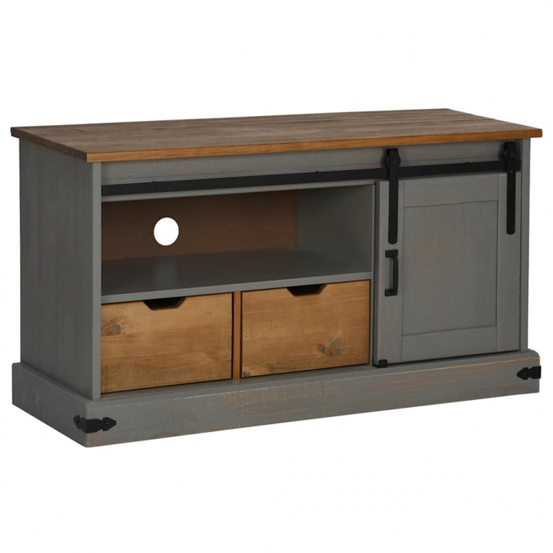 Szafka RTV HALDEN z drzwiami przesuwnymi Szara Drewno lite