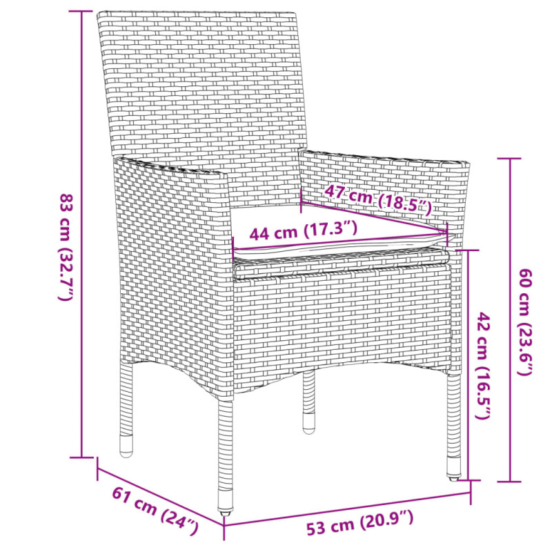 3-cz. zestaw bistro z poduszkami, brązowy, polirattan i szkło