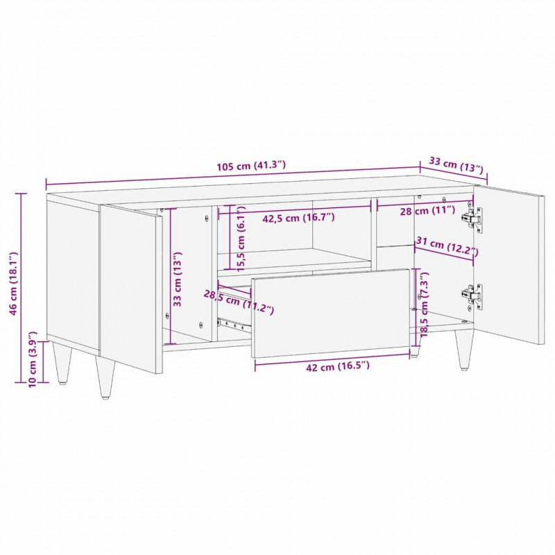 Szafka pod telewizor Czarny 105 x 33 x 46 cm Drewno z mango