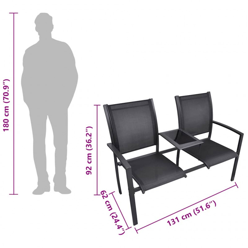 Ławka ogrodowa dla 2 osób, 131 cm, stal i textilene, czarna