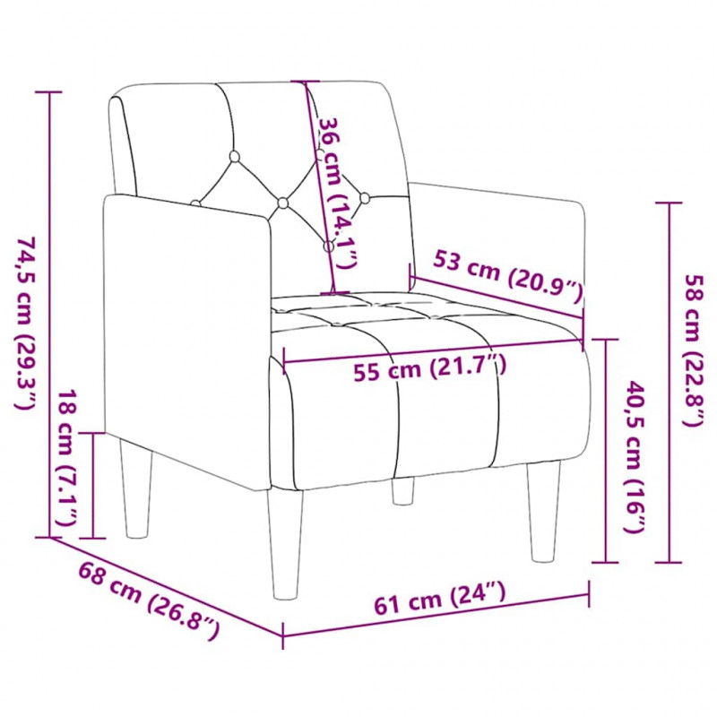 Sofa Fotel z Podłokietnikami Jasnoszary 55 cm Aksamit