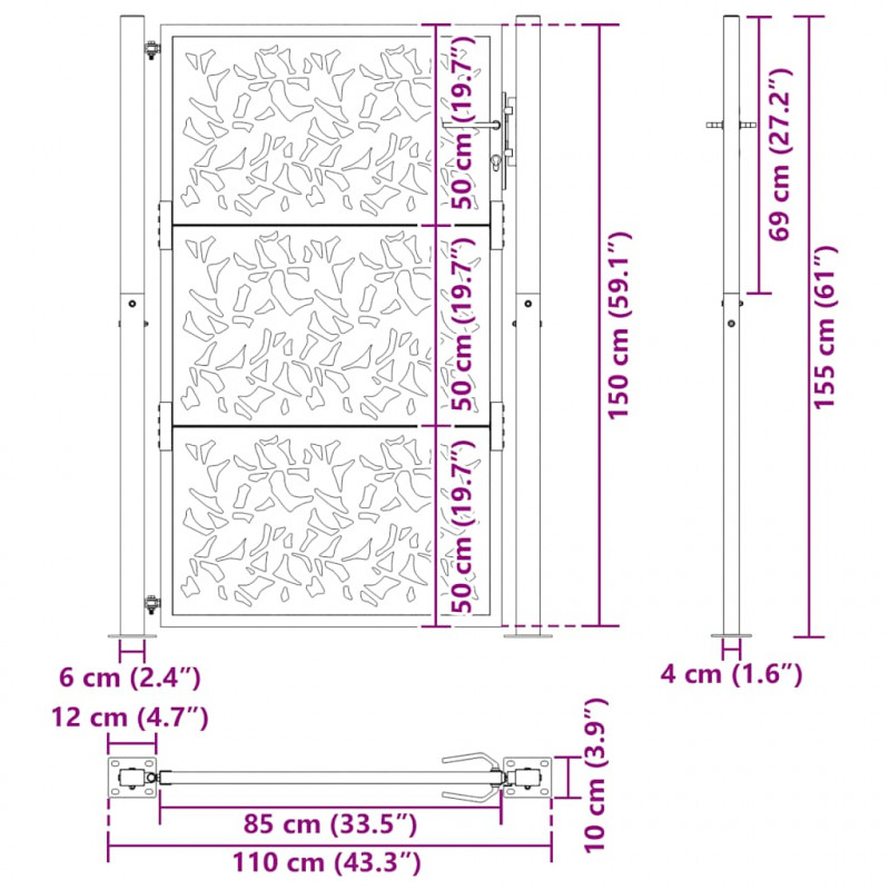 Brama ogrodowa czarna 100x150 cm stalowy wzór liścia
