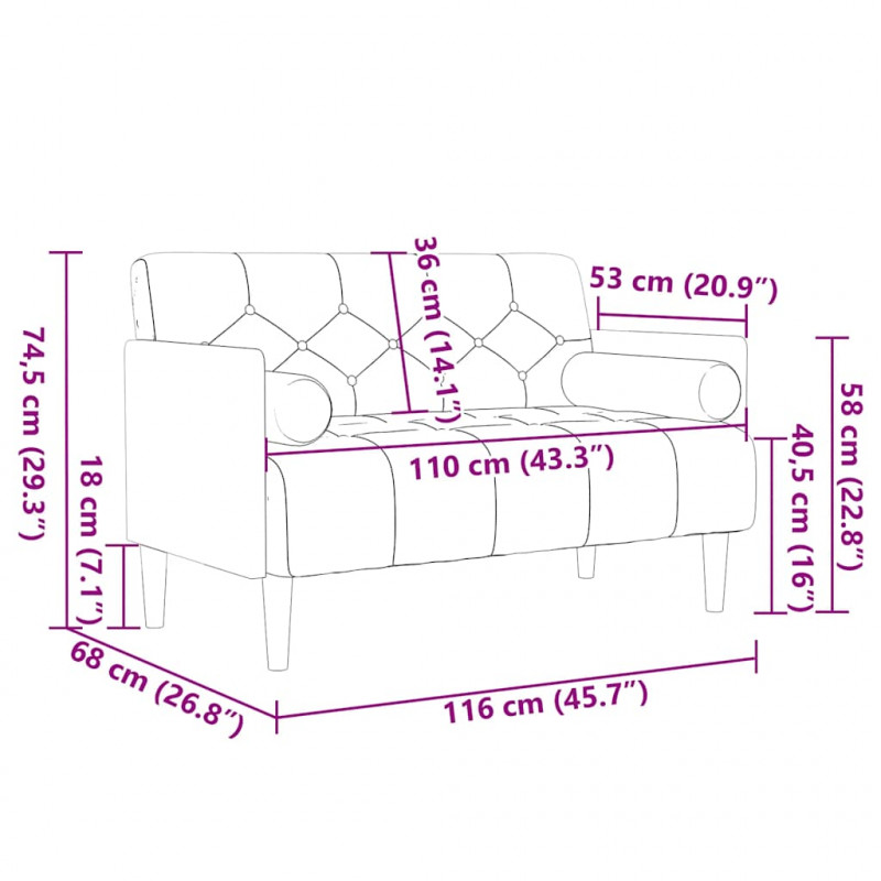Sofa dwuosobowa z poduszkami wałkowymi Brązowa 110 cm Aksamit