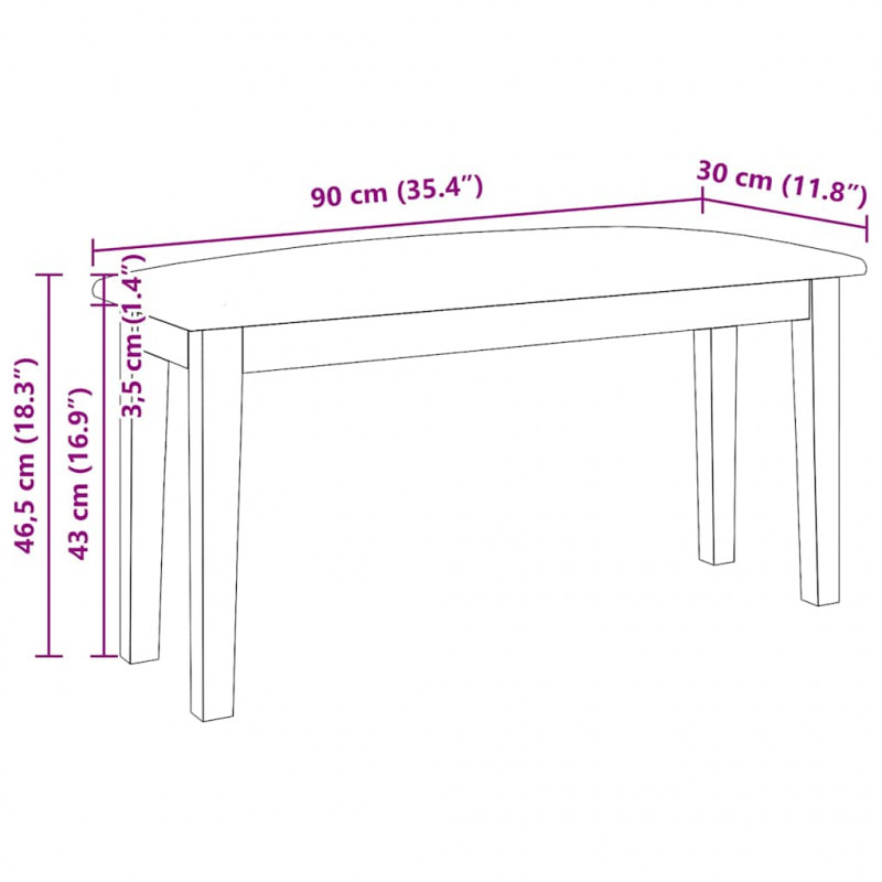 Ławka 90 cm Biała lite drewno guma