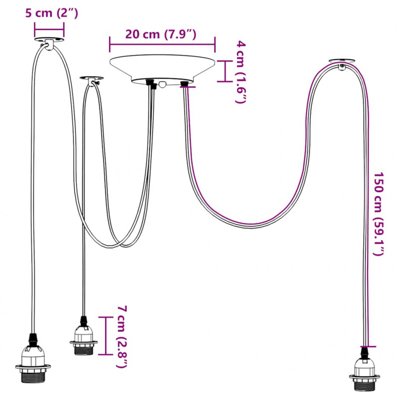 Lampa wisząca z 3 uchwytami na żarówki E27 Czarny metal
