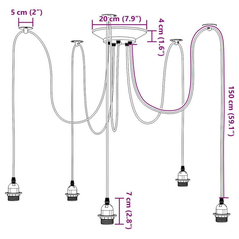 Lampa wisząca z 5 uchwytami na żarówki E27 Czarny metal