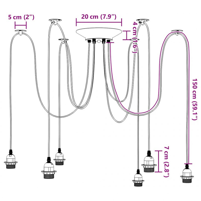 Lampa wisząca z 6 uchwytami na żarówki E27 Czarny metal