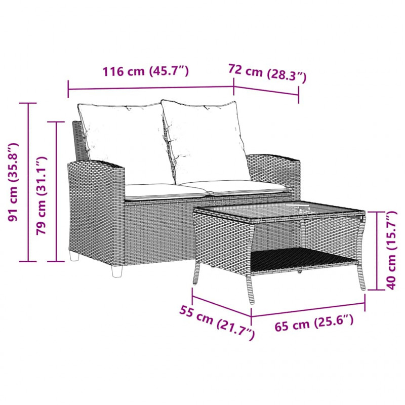 Sofa ogrodowa 2-osobowa z poduszkami i stołem Jasnoszary