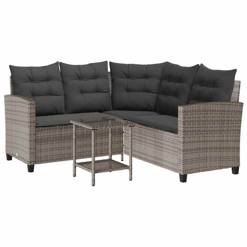 Sofa ogrodowa ze stołem i poduszkami w kształcie litery L