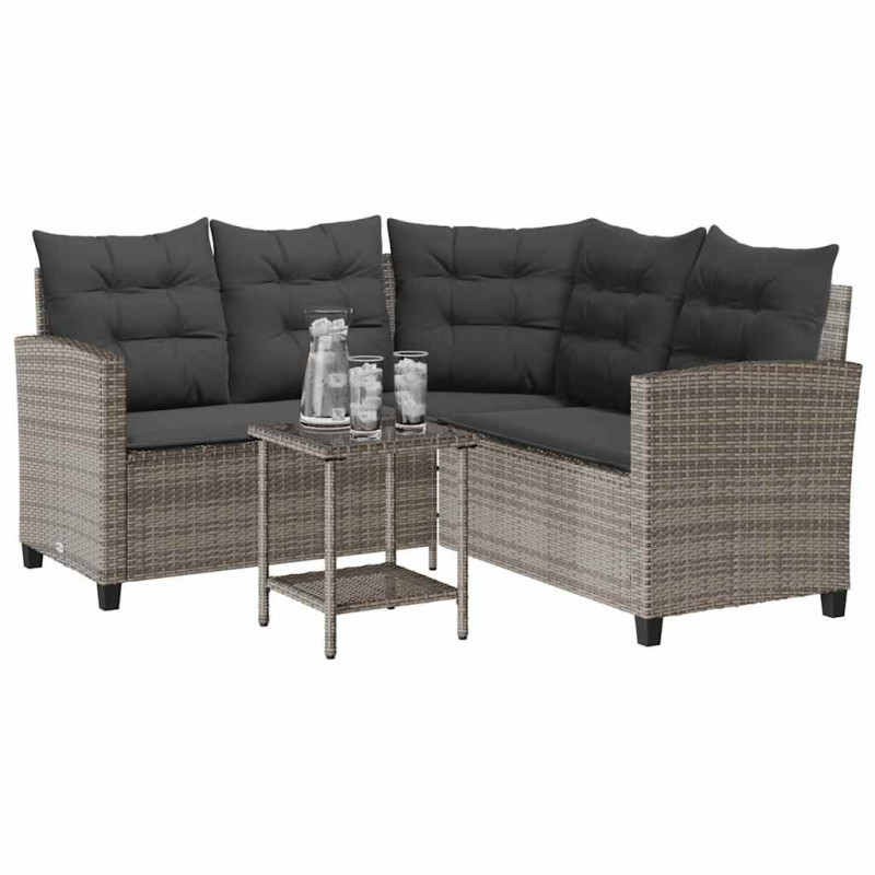 Sofa ogrodowa ze stołem i poduszkami w kształcie litery L