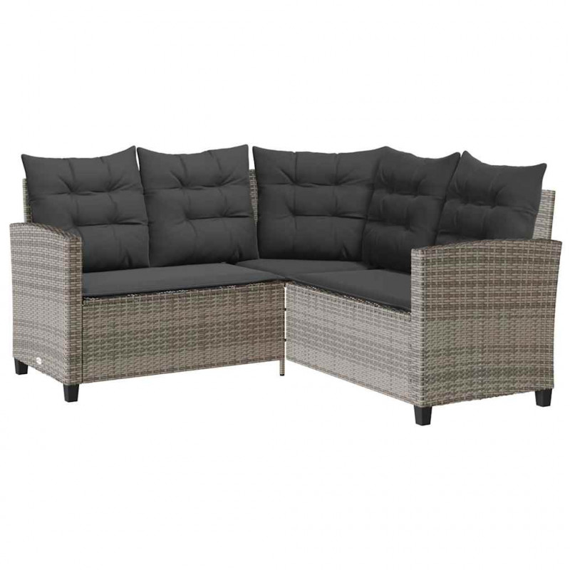 Sofa ogrodowa ze stołem i poduszkami w kształcie litery L