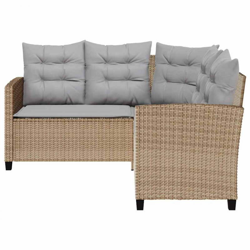 Sofa ogrodowa ze stołem i poduszkami w kształcie litery L