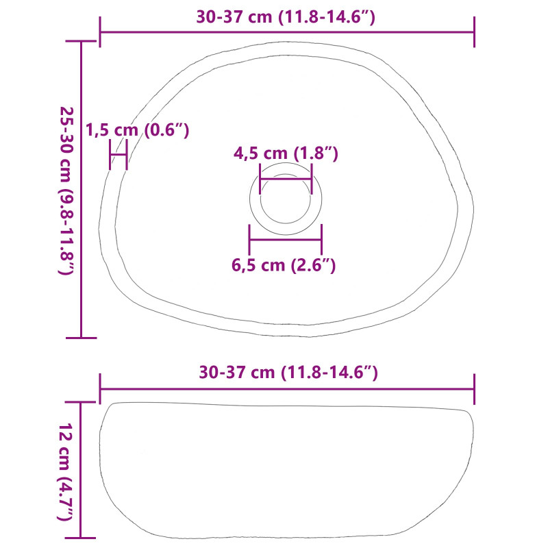 Basin z rzeczonego kamienia (30-37) x (25-30) x 12 cm
