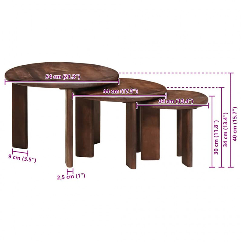 Nesting Stoły Kawowe 3 pcs Ciemny brąz Drewno z mango