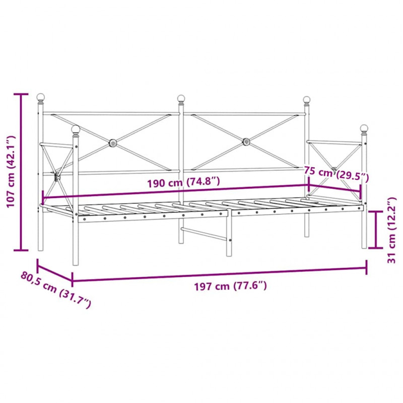 Łóżko dzienne bez materaca czarne 75x190 cm stalowe