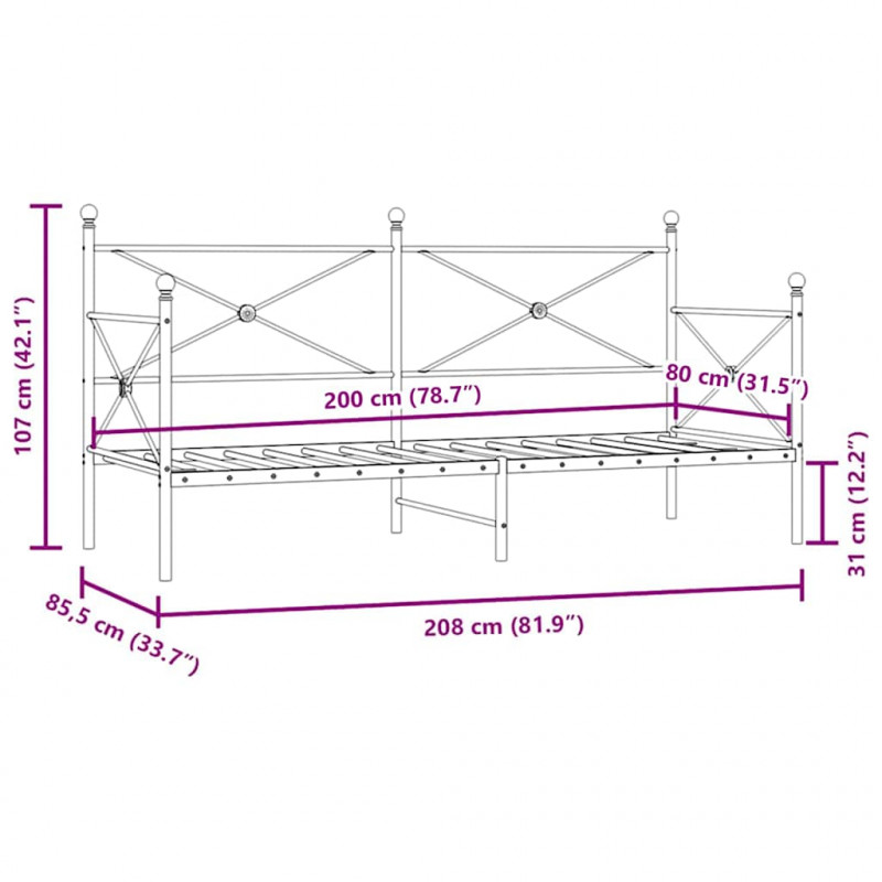 Łóżko dzienne bez materaca czarne 80x200 cm stalowe