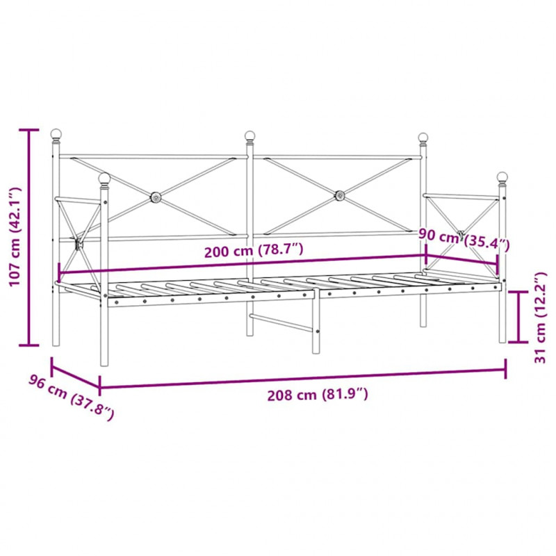 Łóżko dzienne bez materaca czarne 90x200 cm stalowe