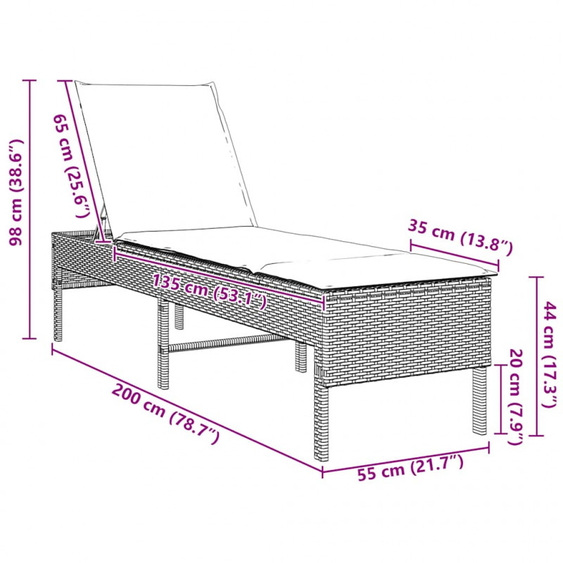 Leżak z poduszką Czarny 55x200x44cm polirattan