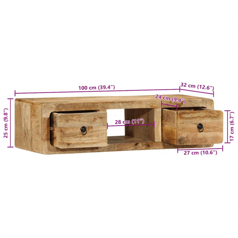 Szafka ścienna pod TV 100x32x25 cm Drewno lite, surowe, mango