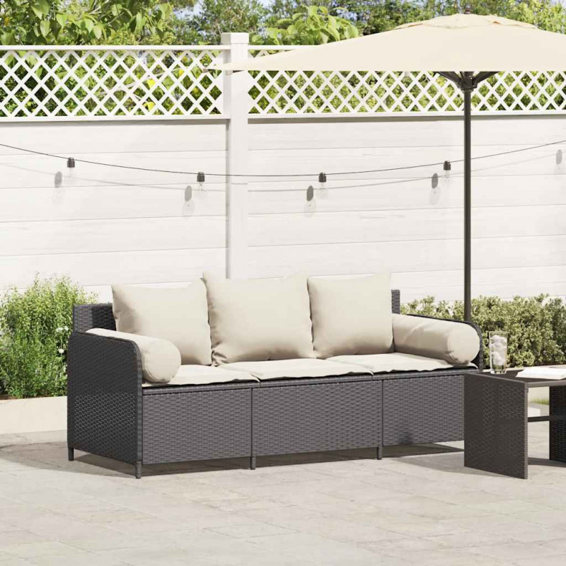Sofa ogrodowa z poduszkami, 3-osobowa, czarna, polirattan