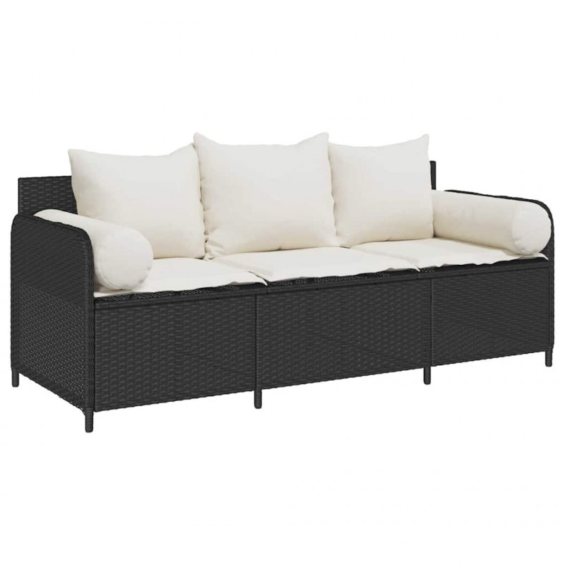 Sofa ogrodowa z poduszkami, 3-osobowa, czarna, polirattan