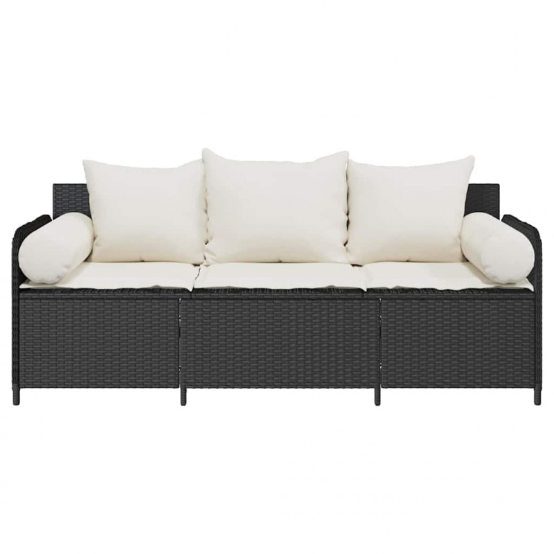 Sofa ogrodowa z poduszkami, 3-osobowa, czarna, polirattan