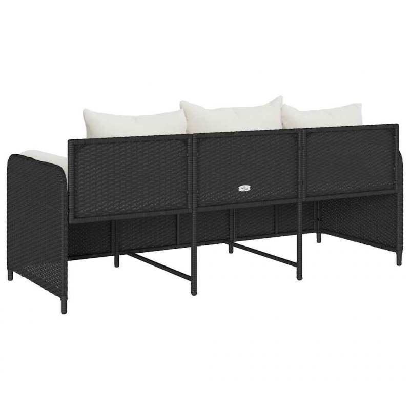 Sofa ogrodowa z poduszkami, 3-osobowa, czarna, polirattan