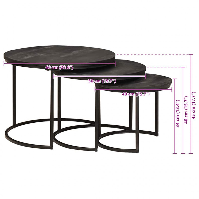 Nesting Stoły Kawowe 3 pcs Czarny Lite drewno mango i stal