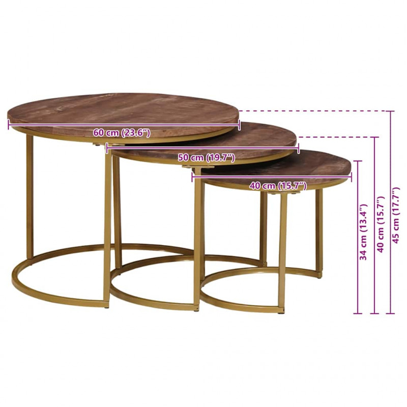 Nesting Stoły Kawowe 3 pcs Ciemny brąz Lite drewno mango i stal