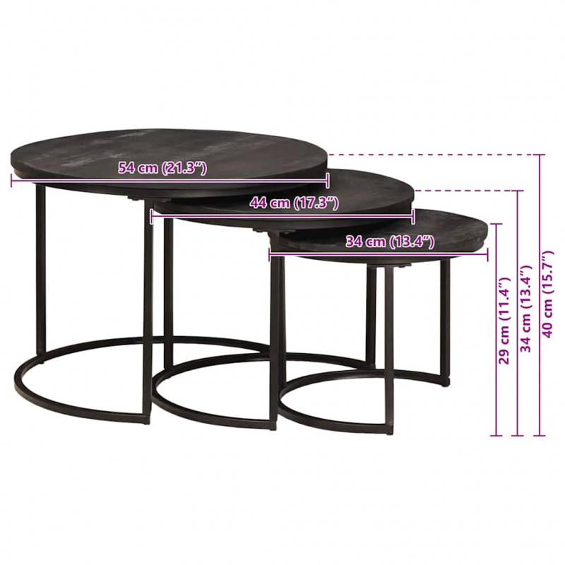 Nesting Stoły Kawowe 3 pcs Czarny Lite drewno mango i stal