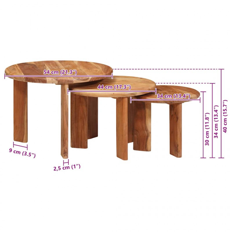 Nesting Stoły Kawowe 3 pcs Brązowy Lite Drewno Akacji