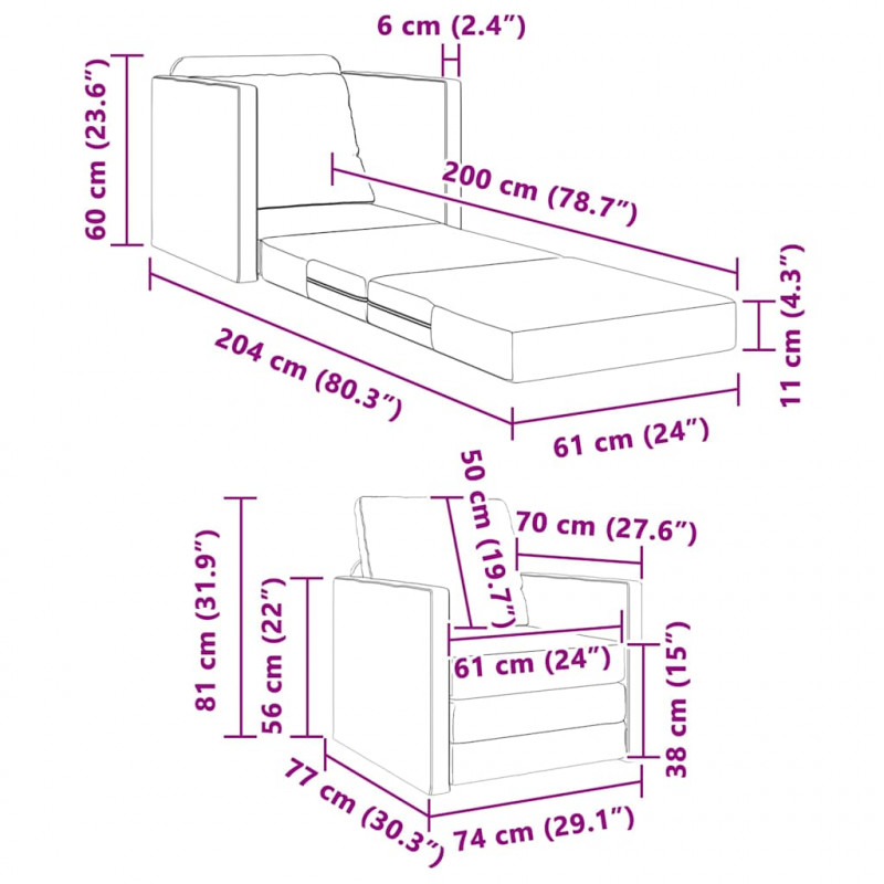 Sofa Bed 60cm Szary Sztuczna skóra