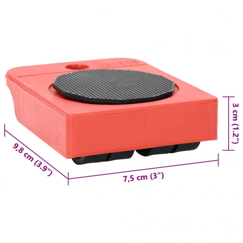 Rolki meblowe 8 szt. z podnośnikami czerwone 9,8x7,5x3 cm 150 kg
