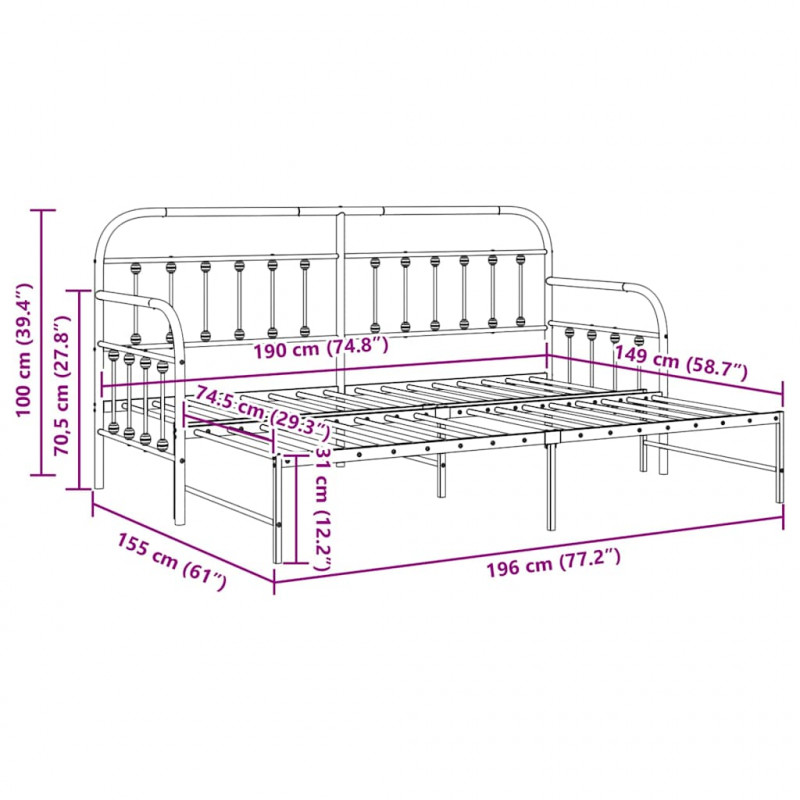 Rama łóżka dziennego Czarny 75 x 190 cm Stal malowana proszkowo
