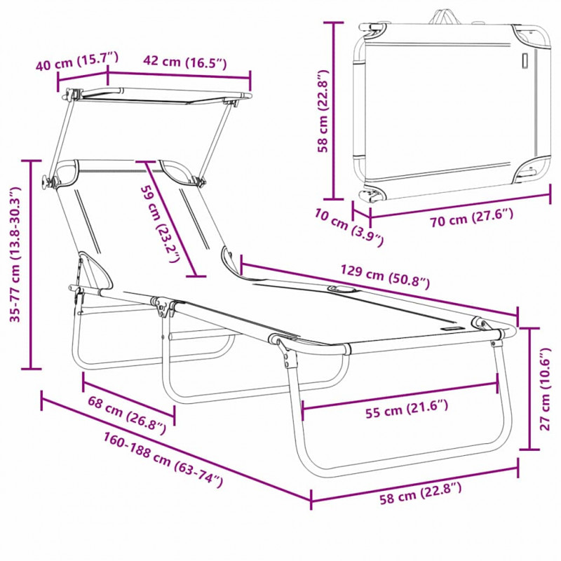 Leżak 2 pcs Szary 58 x 188 x 77cm Poliester