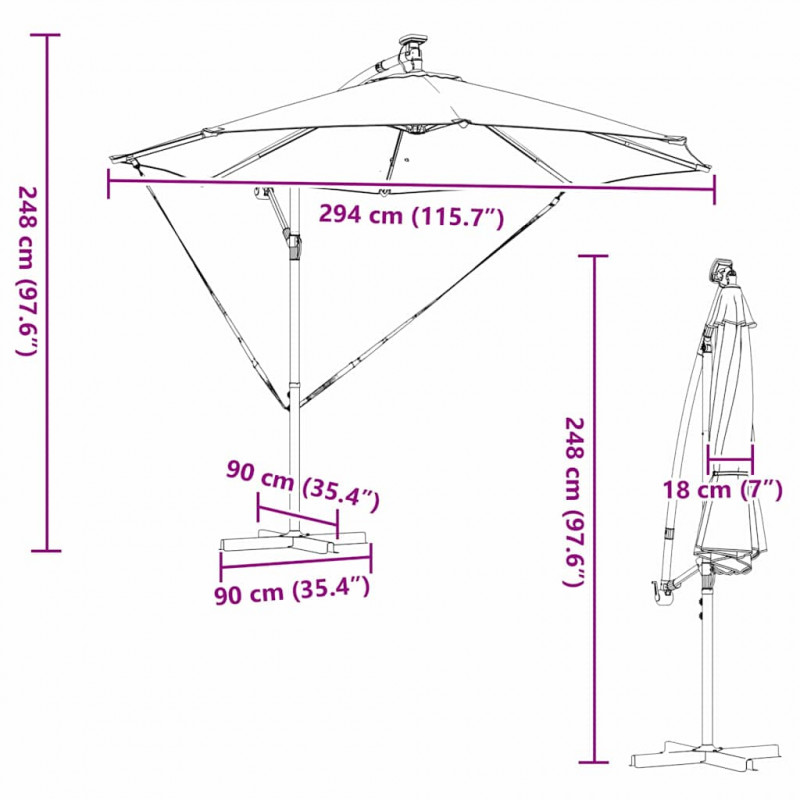 Parasol plażowy Ze LED Lights Ciemnoszary 294 x 294 x 248 cm