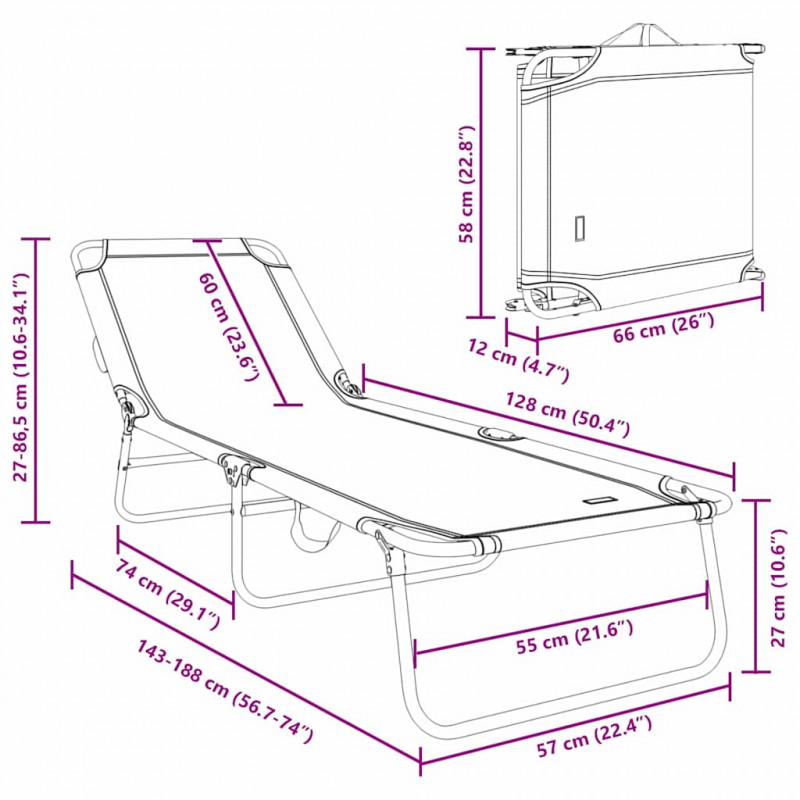 Składany leżak 2 pcs Szary 188 x 57 x 86,5 cm Poliester